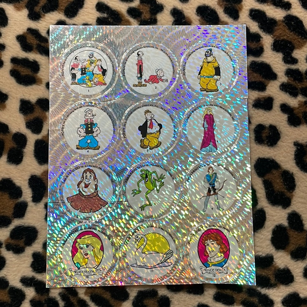 1995 POPEYE SWAN PRINCESS 👑Prism Stickers Sheet 90s Holographic Cartoon Vintage